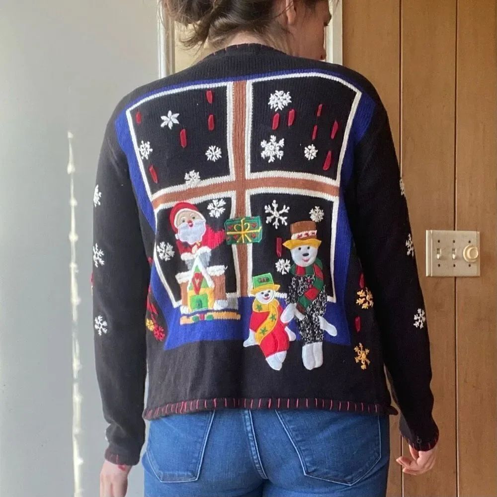 VTG Holiday Party Snow Flakes Snowmen Cardigan Ugly Christmas Sweater by Segue H
